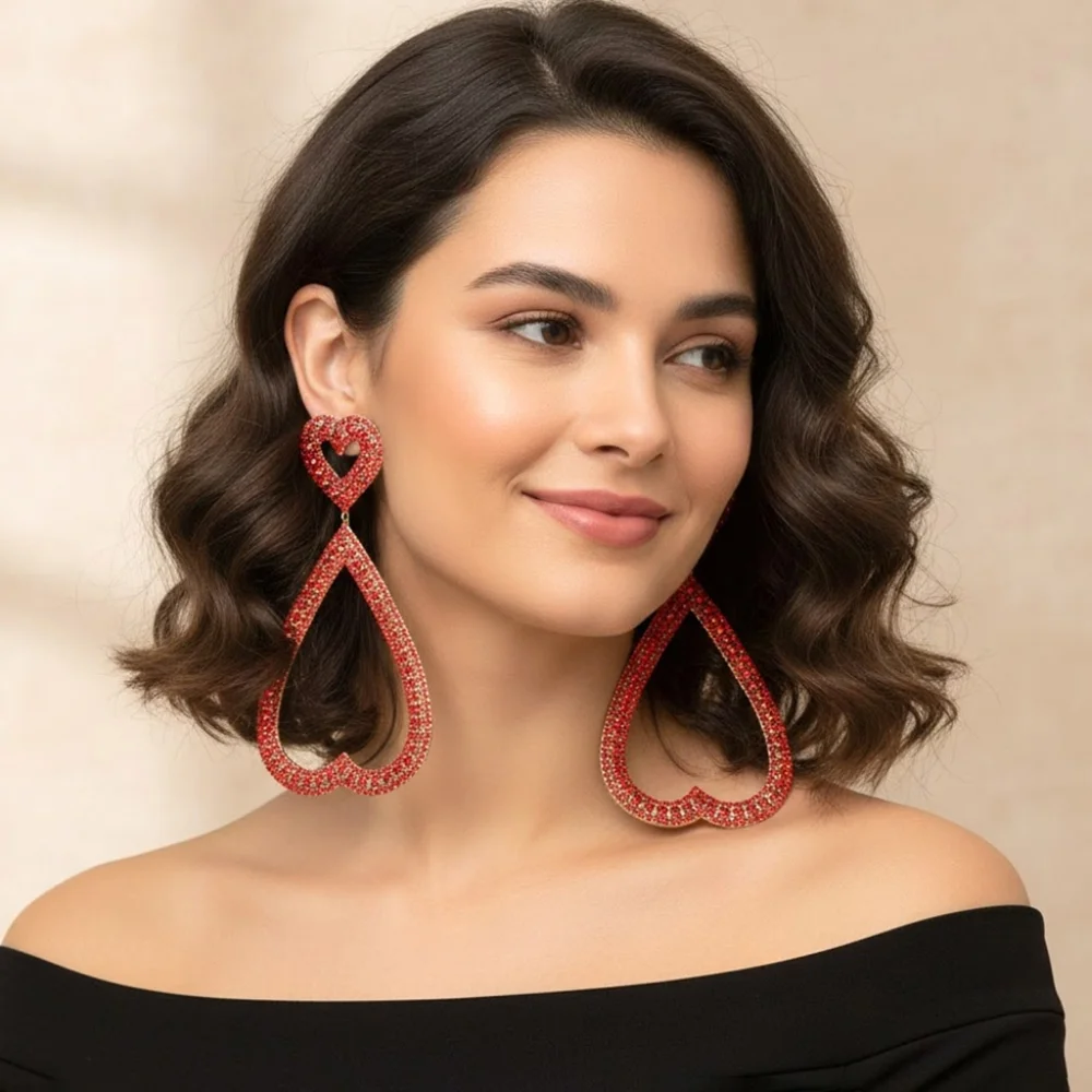 Red Rhinestone Studded Open Heart Drop Dangle Statement Earrings - Picture 6 of 6
